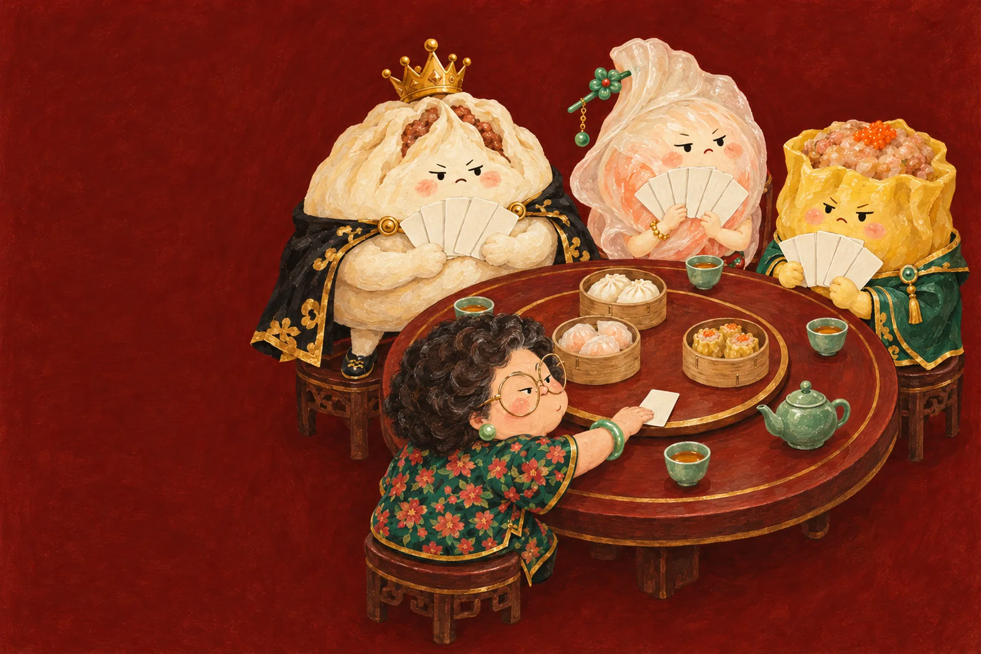 Big Two: three dim sum characters and a grandmother playing cards around a lazy Susan