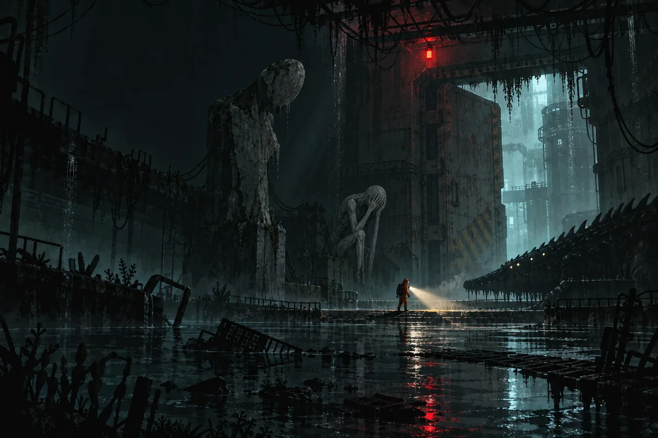 A small figure with a torch stands in a flooded concrete corridor. Outside the beam wait a tilted concrete statue, a pale crouched figure hiding its face, and a huge reptile.