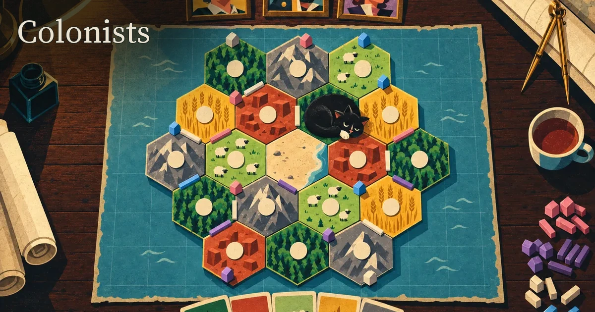 a colourful hexagonal island board with a sleeping black cat, wooden pieces and resource cards along the edge