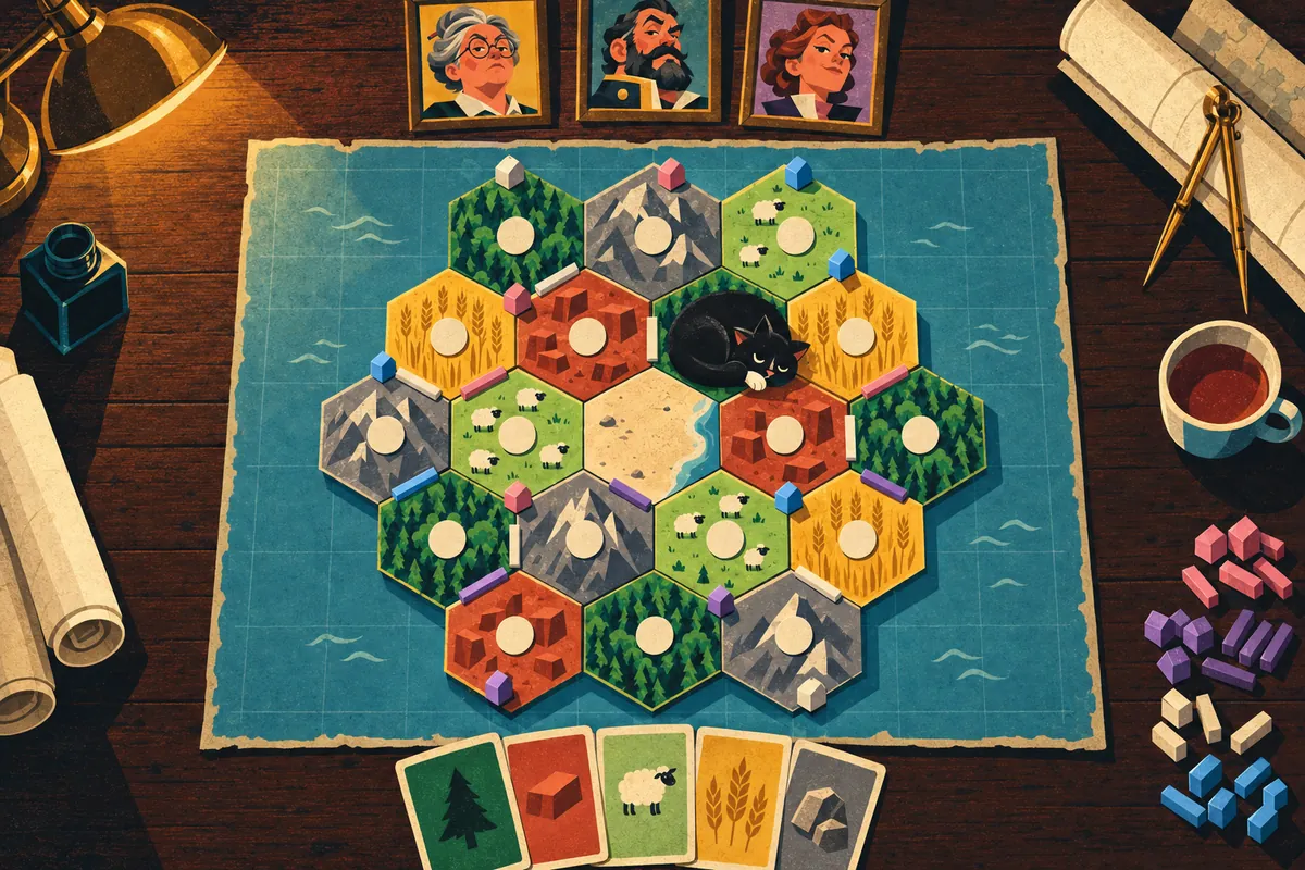 Colonists: a colourful hexagonal island board with a sleeping black cat, wooden pieces and resource cards along the edge