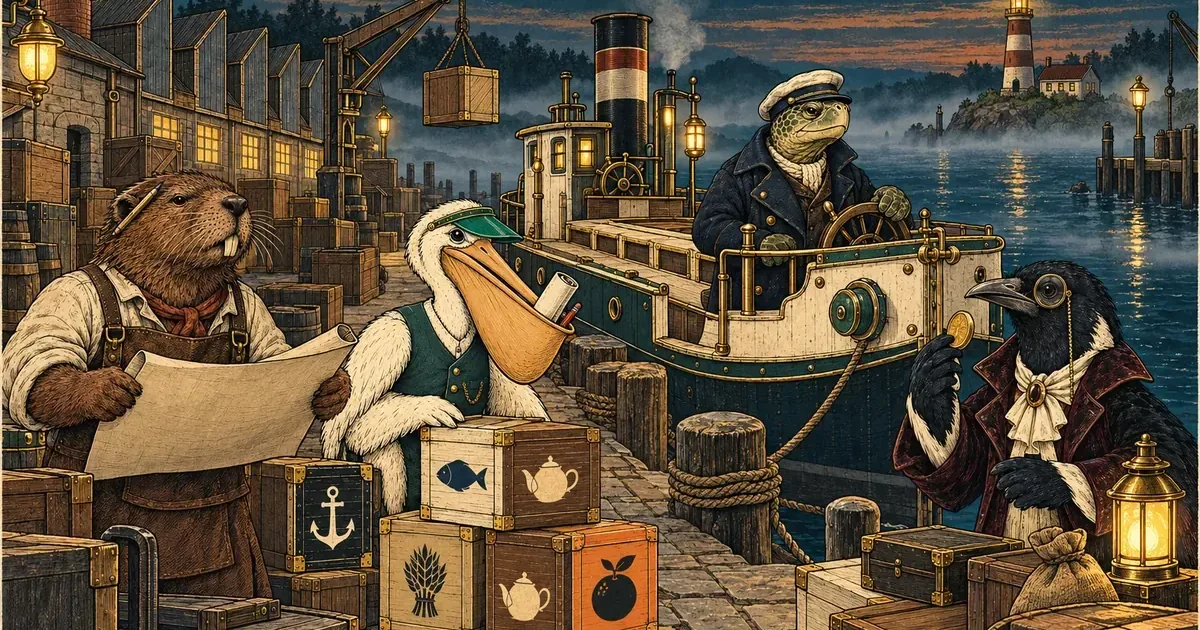 animal dock workers with a cargo manifest, crates and a tugboat in a lamplit harbour