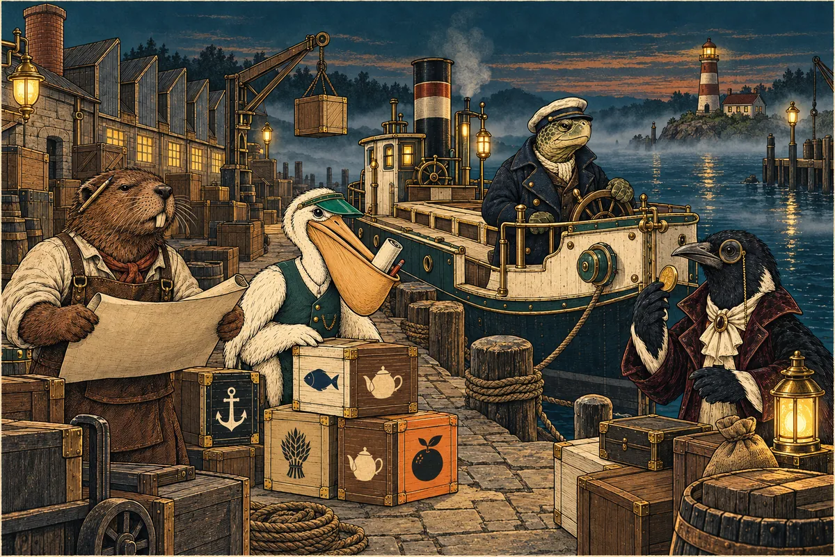 Freight: animal dock workers with a cargo manifest, crates and a tugboat in a lamplit harbour