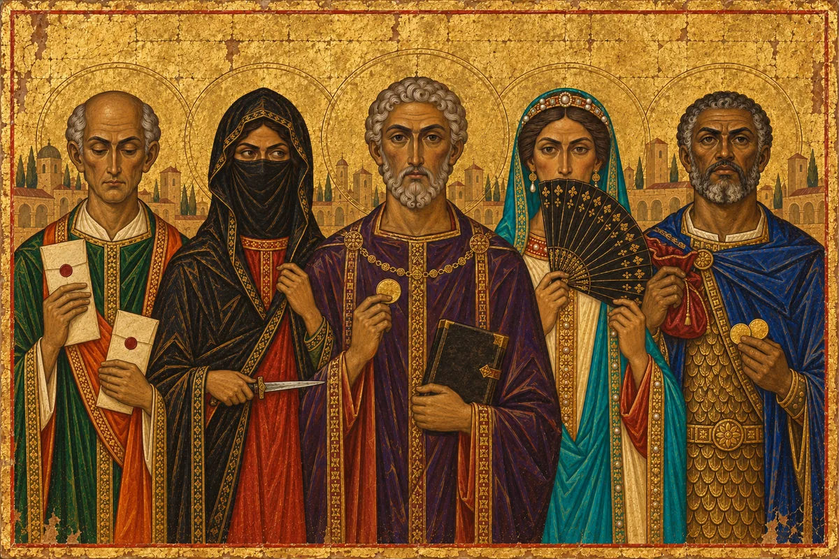 Five Byzantine court figures against gold mosaic.
