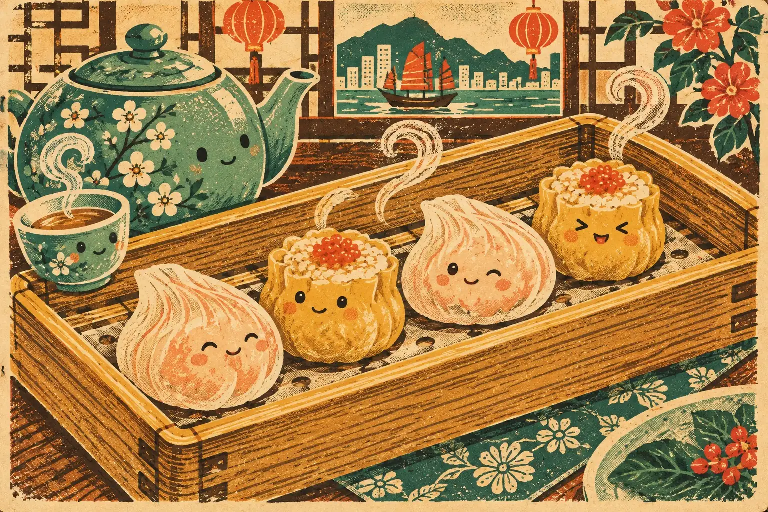 Baskets of dim sum with har gow and siu mai dumplings.