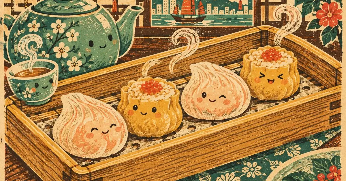 four smiling dumplings steaming in a wooden tray beside a floral teapot