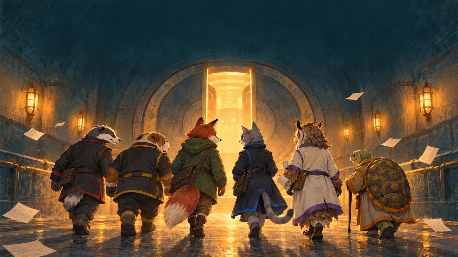 Six animal Foundation staff approaching an illuminated containment door.