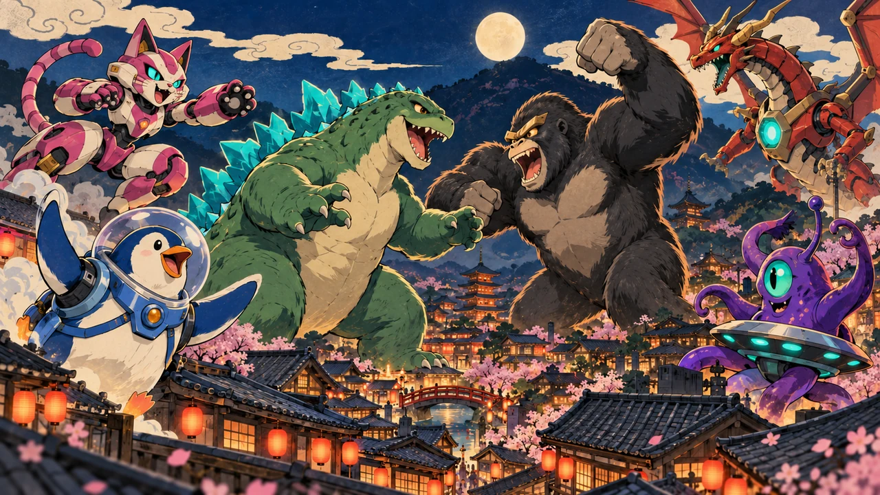 Last Kyotoan Standing: giant monsters facing off above a lantern-lit city