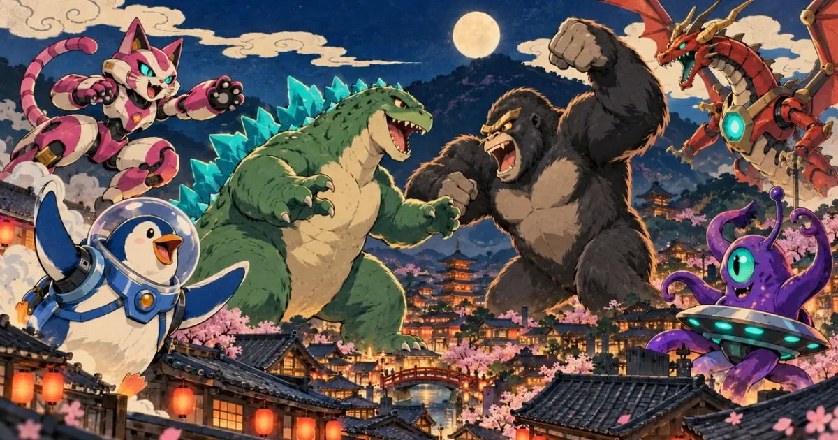 giant monsters facing off above a lantern-lit city
