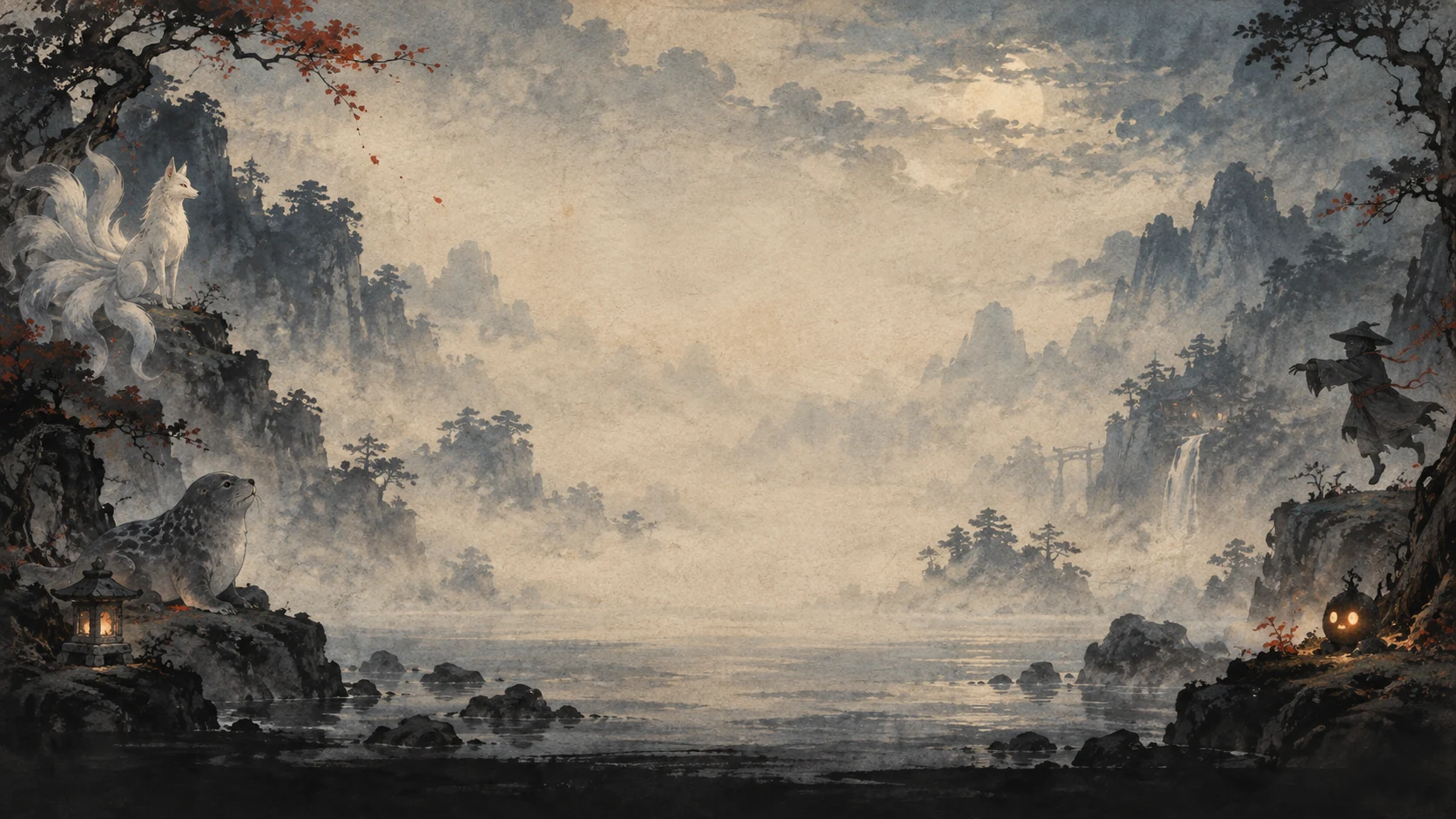 A misty gathering place framed by trees and small warm lights.