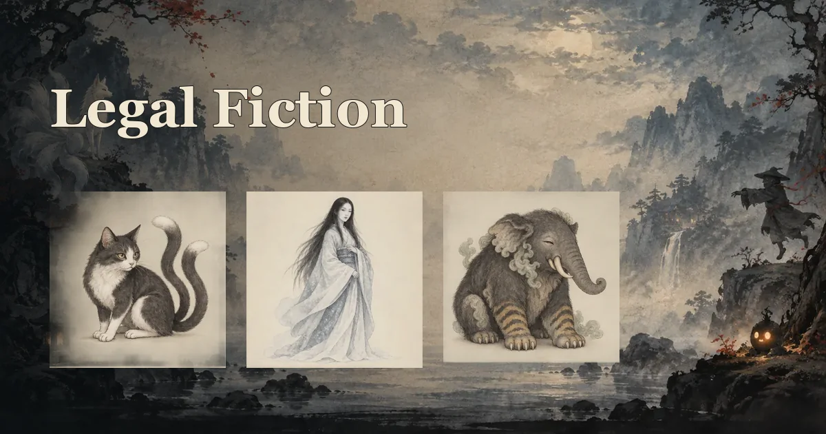 portraits of a two-tailed cat, a white-robed woman and a tapir-like creature over a misty mountain landscape