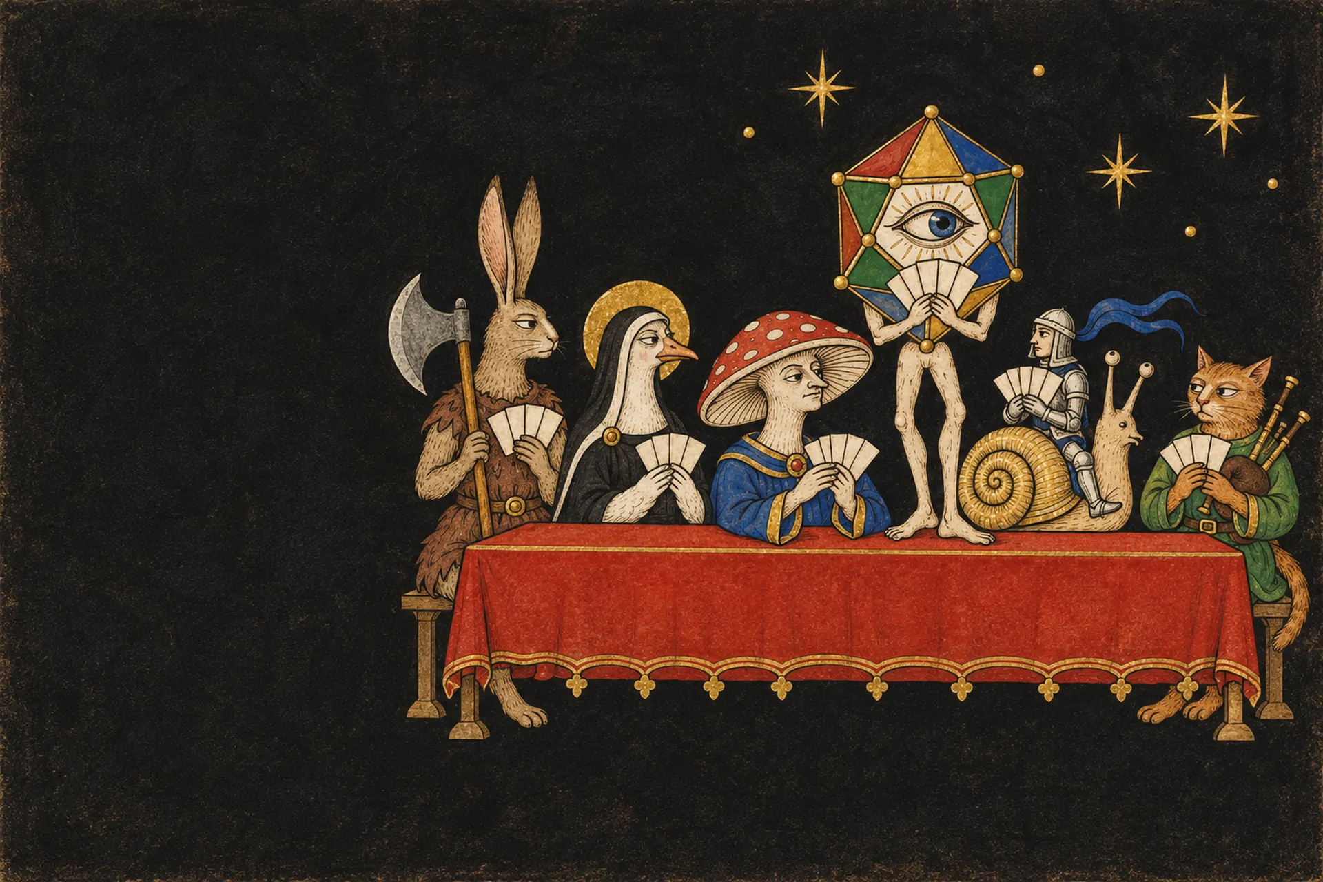 Natural One: a rabbit, a goose in a habit, a mushroom figure, a one-eyed living die, a knight riding a snail and a cat playing cards at a red-draped table