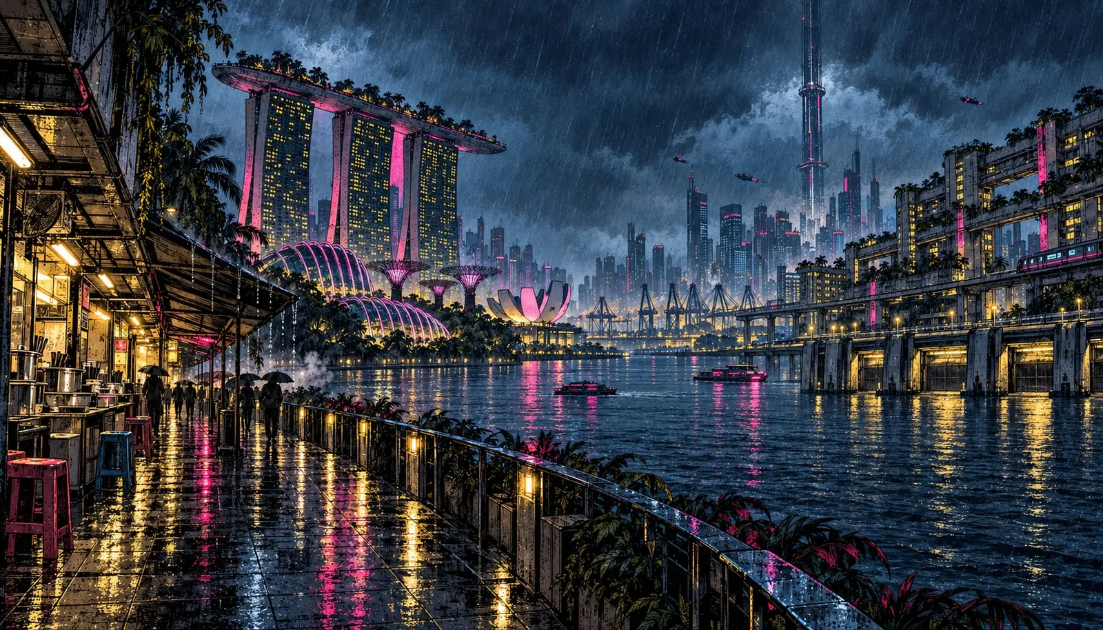 Neon Straits: neon-lit waterfront towers reflected in the water at night