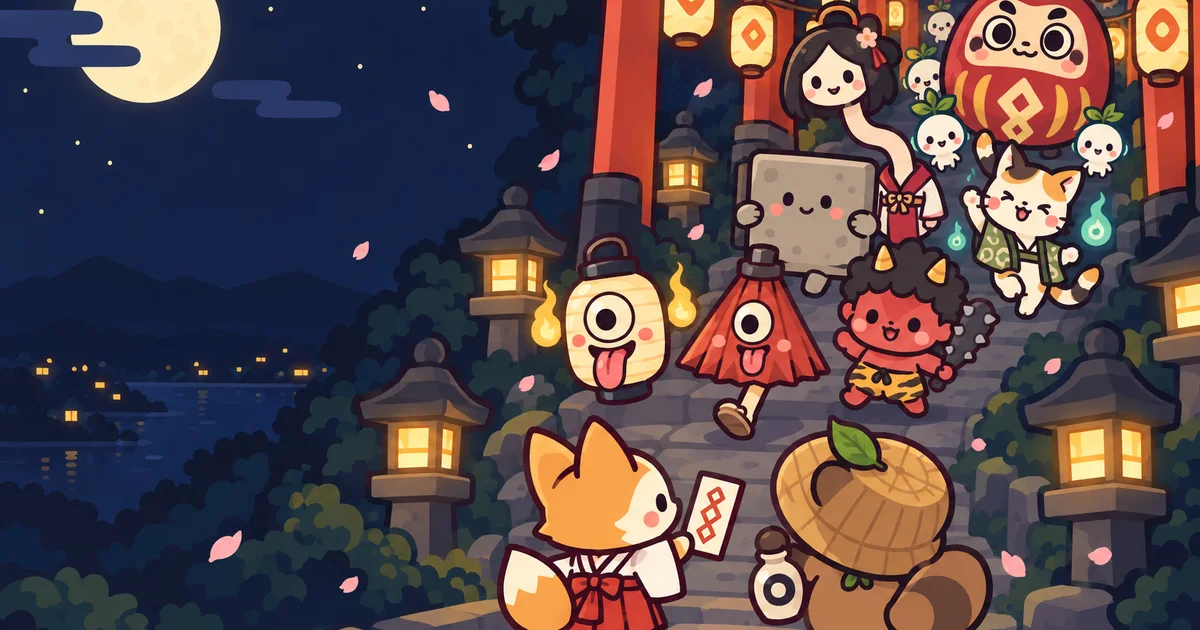 a procession of little spirits and lanterns beneath the moon