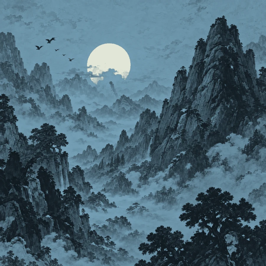 Moonlit ink mountains and pines surrounding a quiet lake.