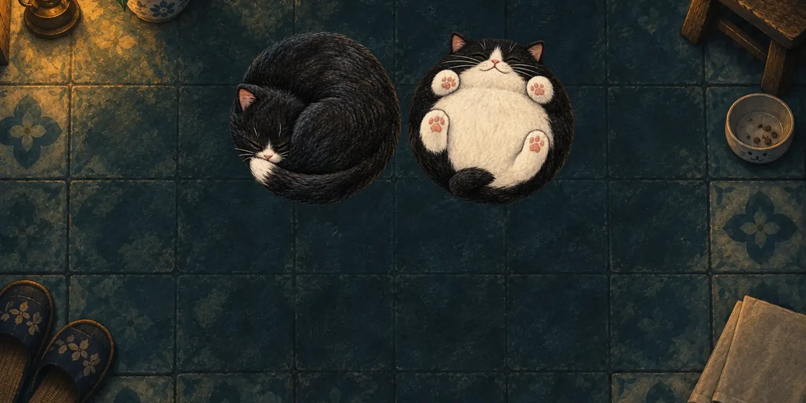Two large gouache cats on a lamplit kitchen table.