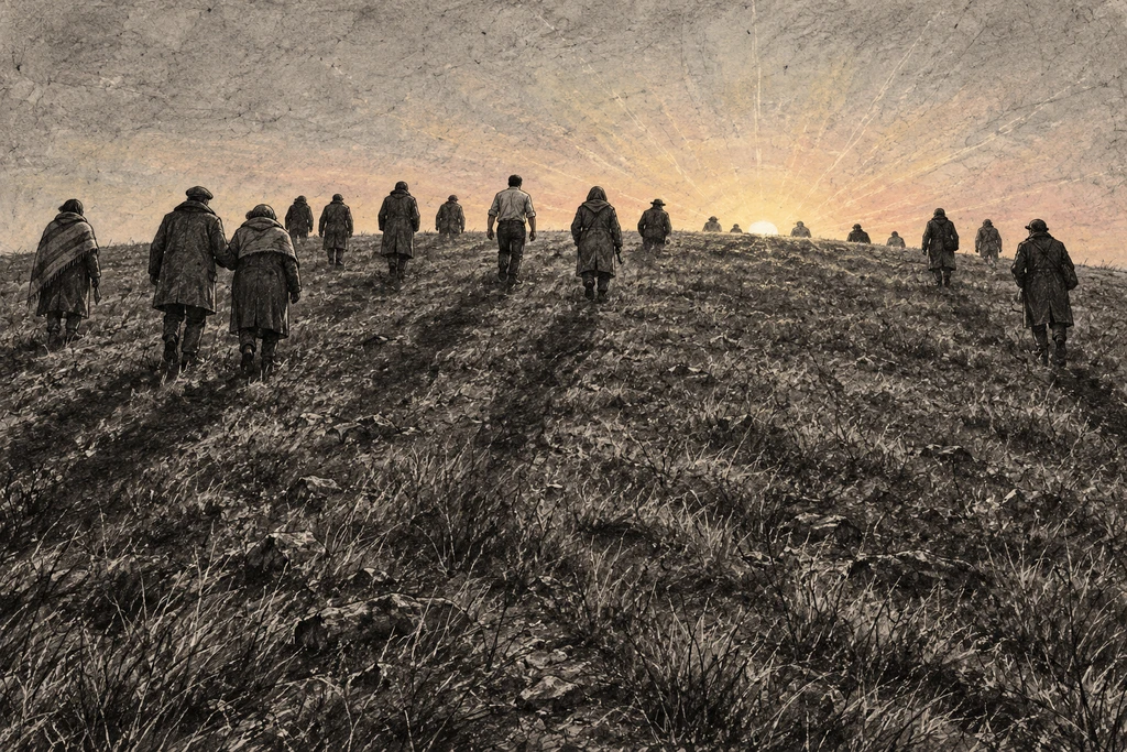 People walking over the hill in the morning.