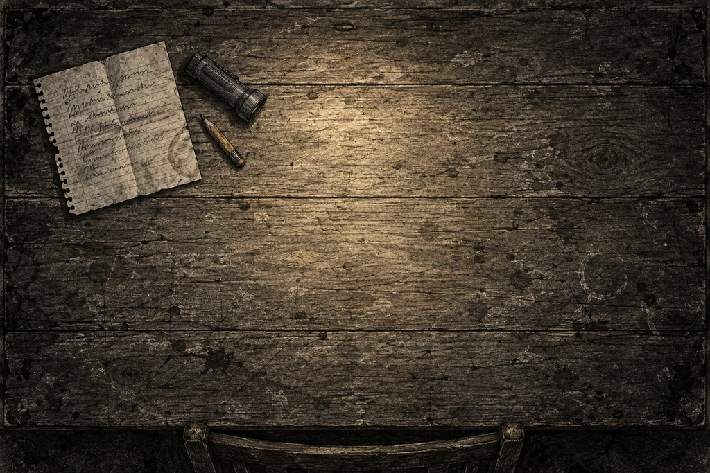 The kitchen table, with a note and a torch under one lamp.