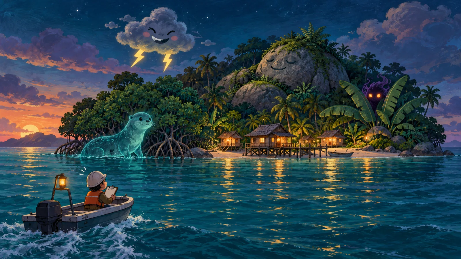 Island spirits watching a survey boat approach a jungle shore at dusk.