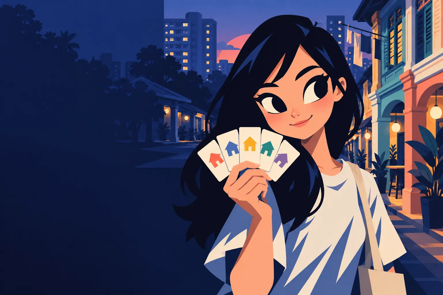 A young woman holding cards on a Singapore street at night.