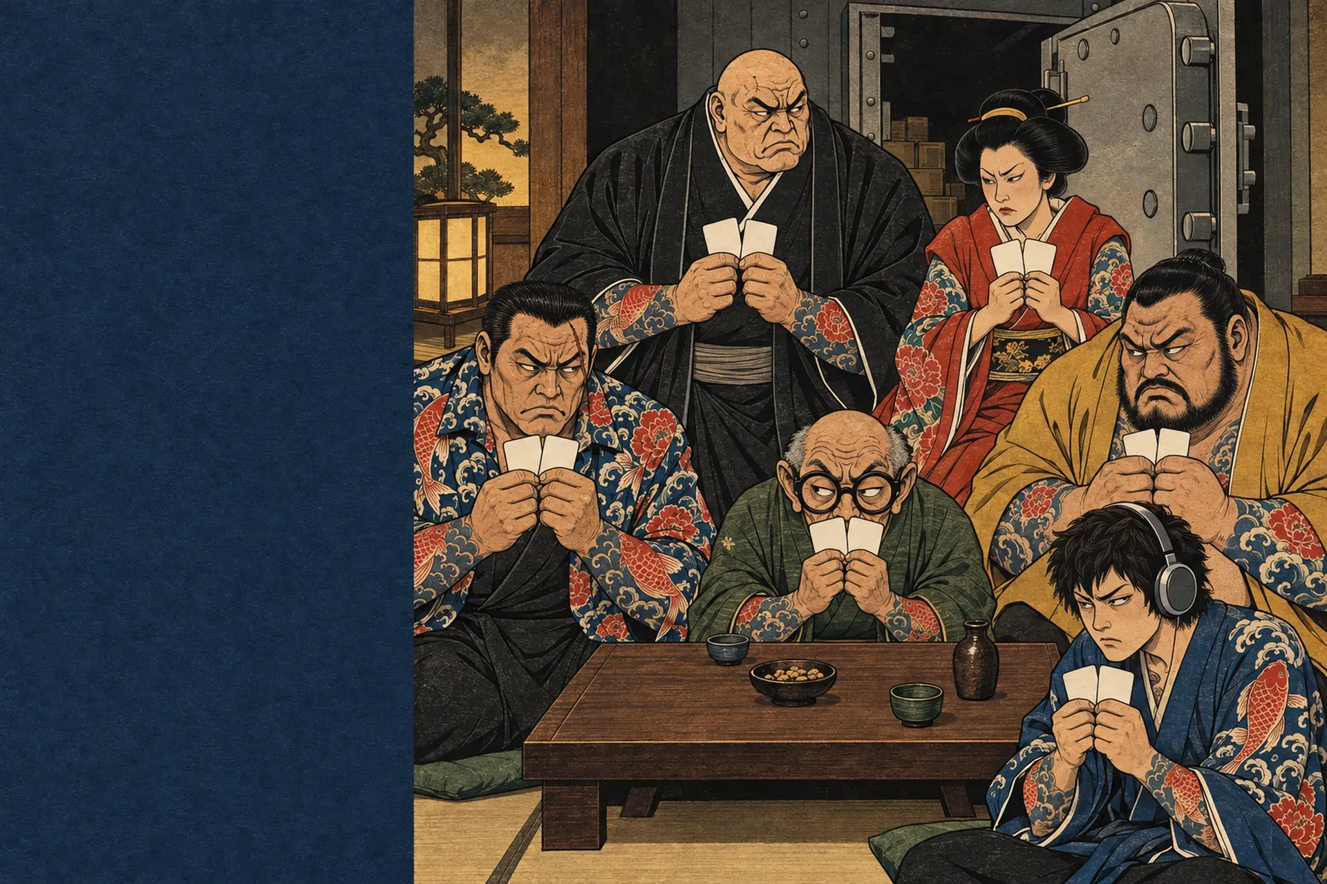 The Yakuza: six stern card players in patterned robes around a low wooden table, one wearing headphones