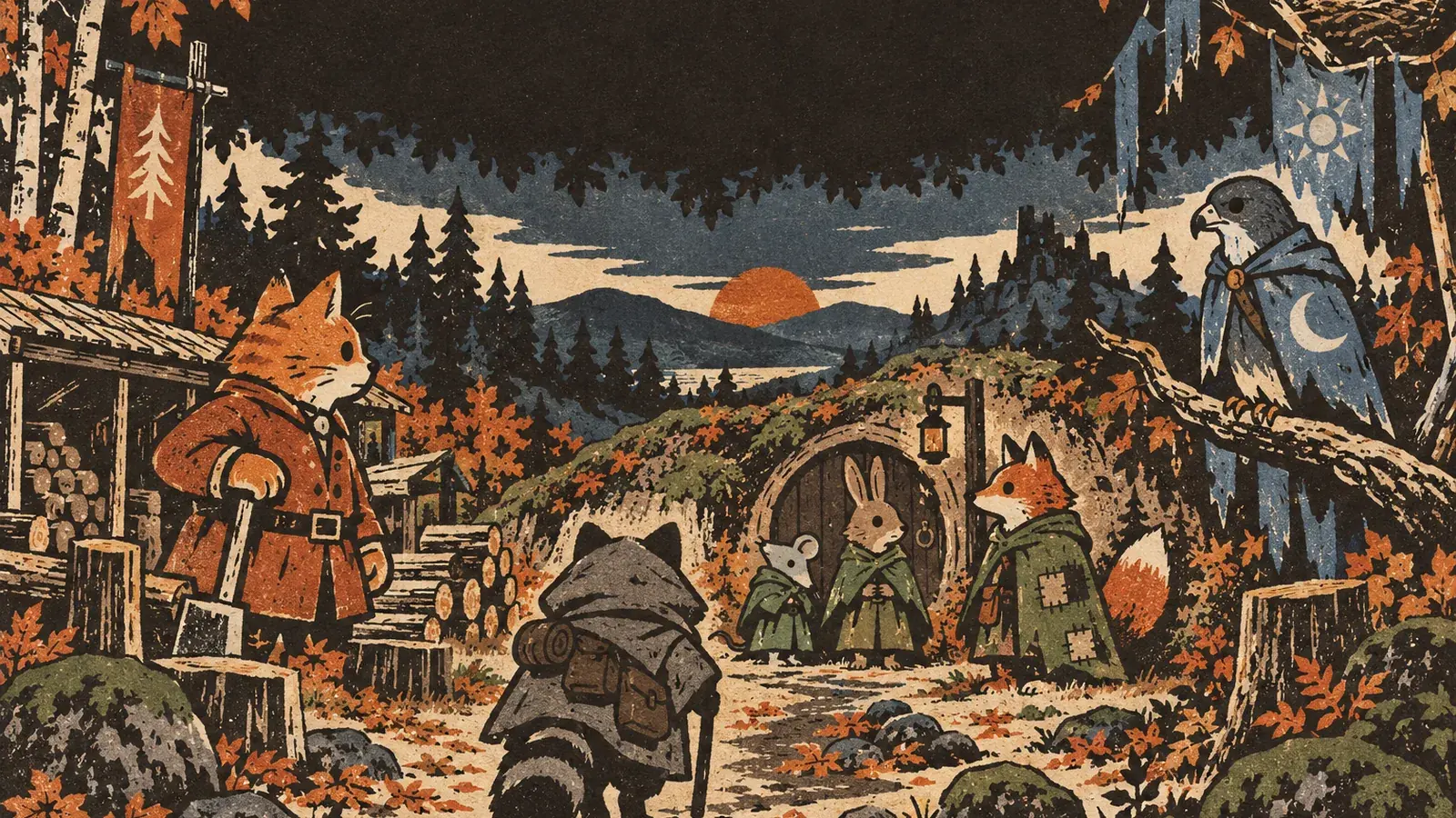 Understory: woodland animals beside a burrow in an autumn forest