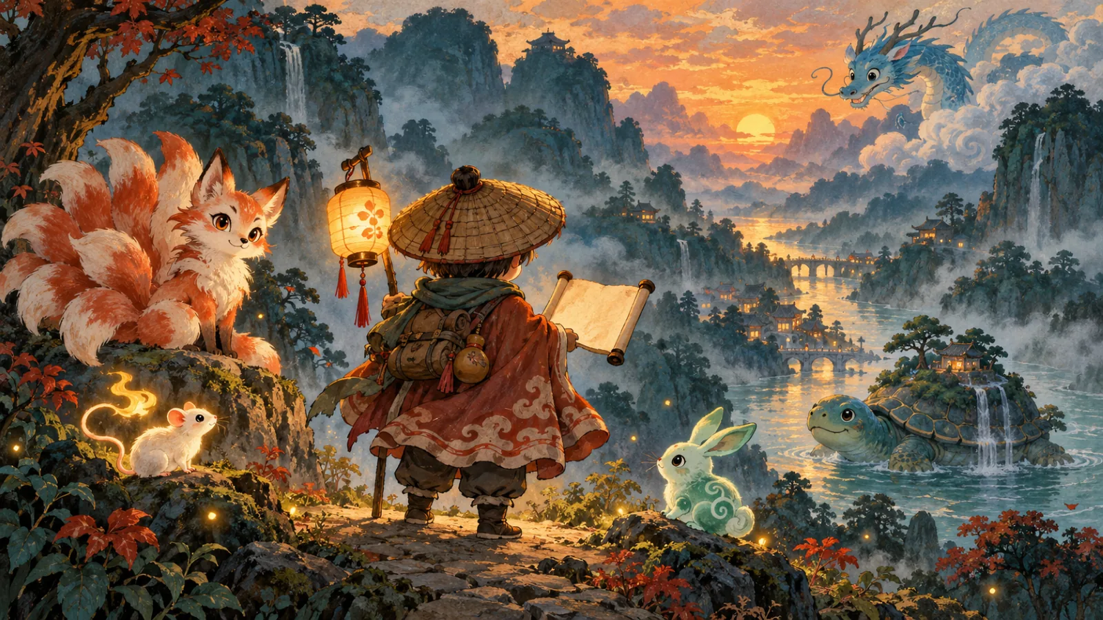 An animal keeper reading an illuminated almanac above a painted valley.