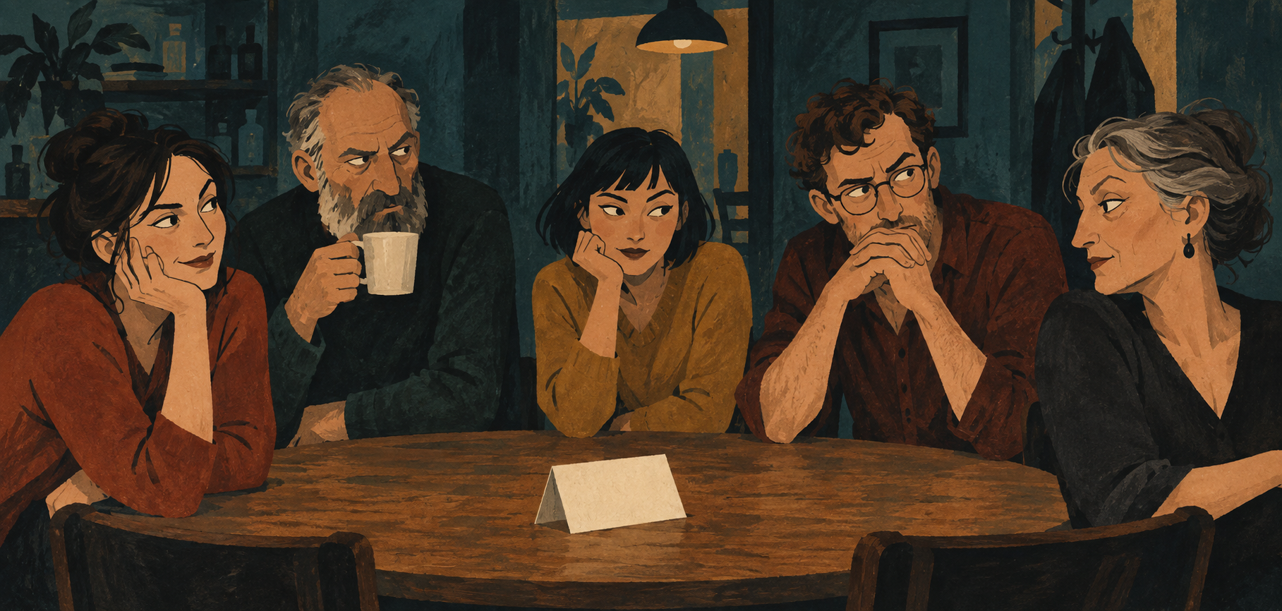 Painted illustration of five friends exchanging suspicious glances around a back-room table