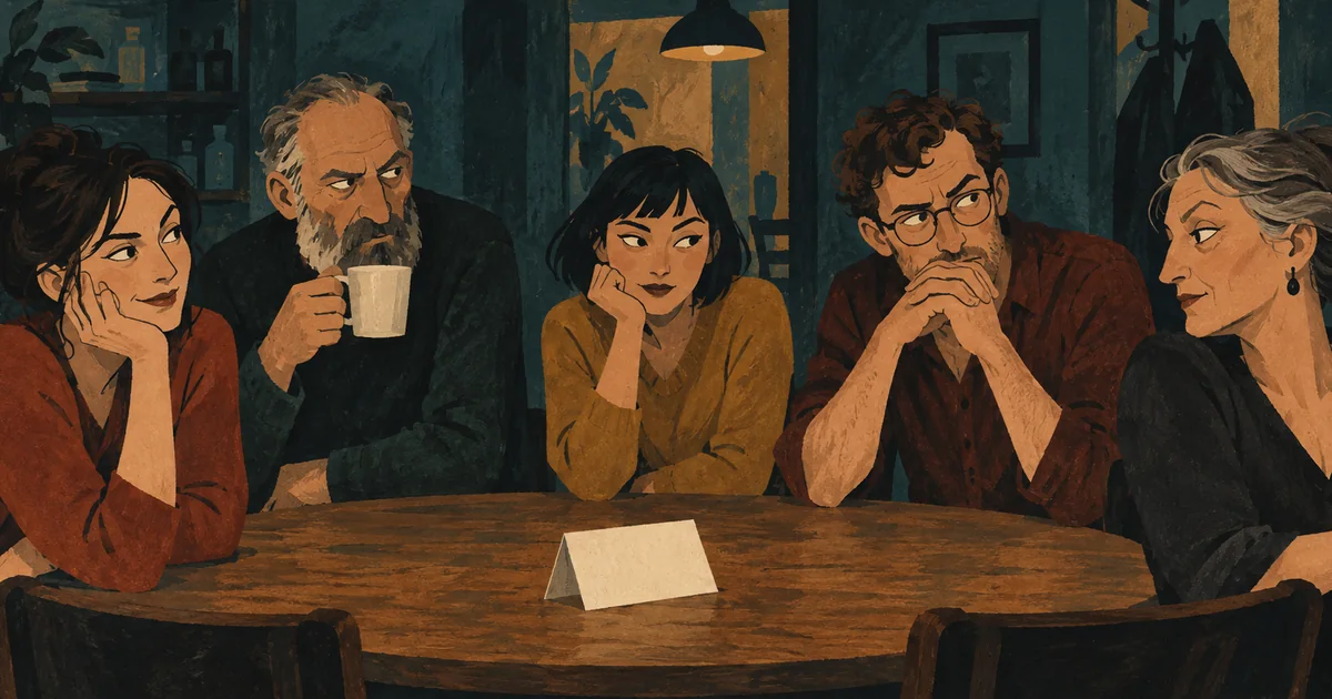 five people gathered around a wooden table with a blank folded card